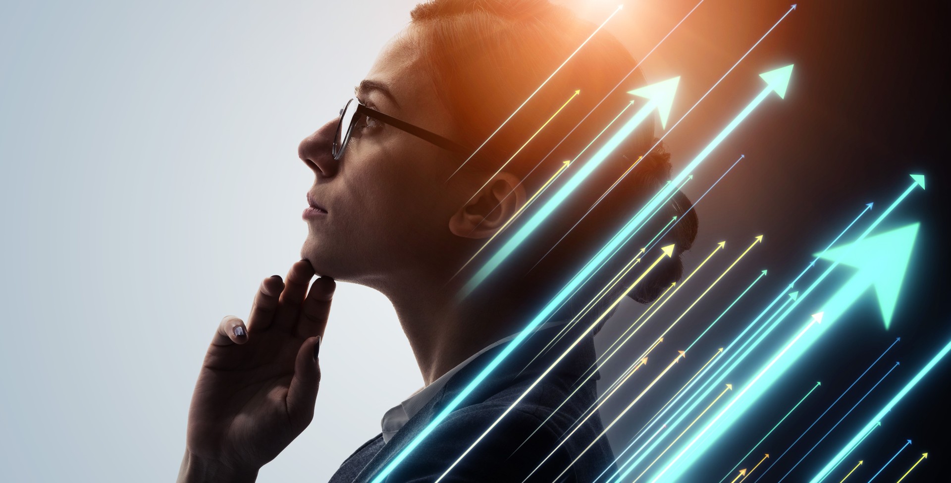 Woman and rising arrow symbols.  Career development. Growth. Success.